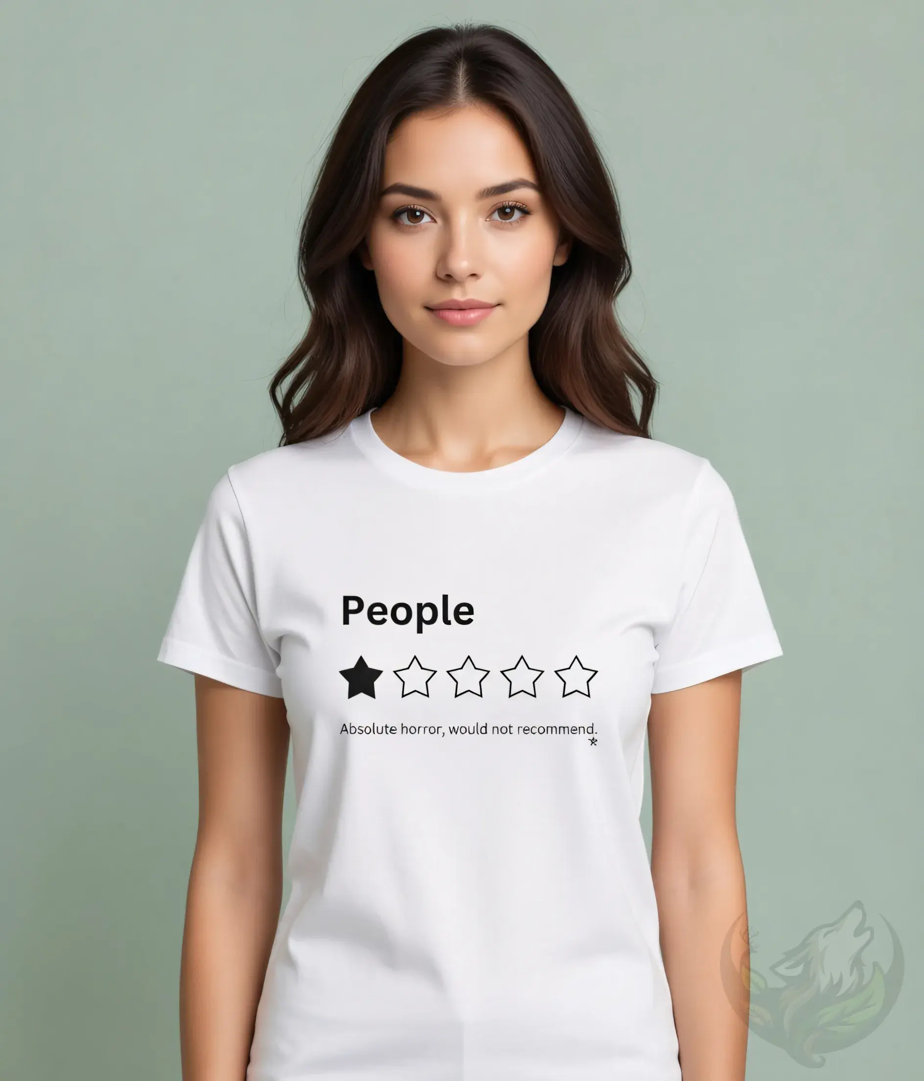 Woman in fitted white t‑shirt with one‑star People Ratings design, standing against a simple studio backdrop.