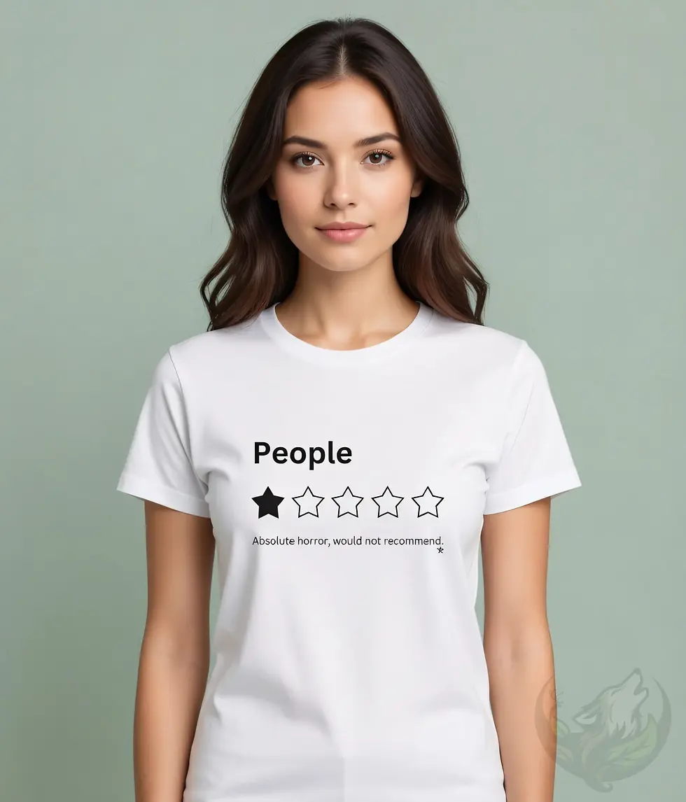 Woman in fitted white t‑shirt with one‑star People Ratings design, standing against a simple studio backdrop.