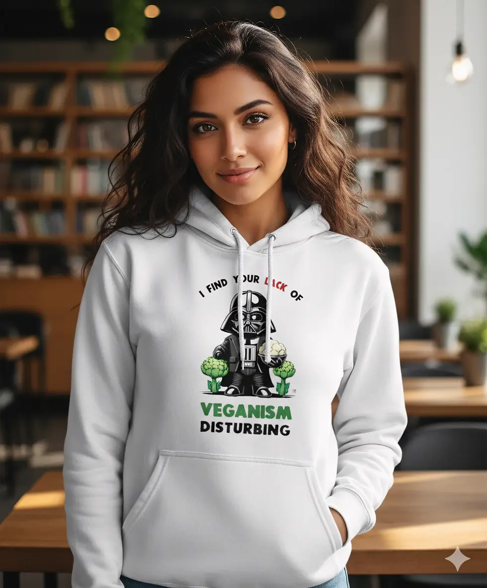 Thumbnail: Smiling woman with long dark hair in white unisex hoodie featuring cartoon Darth Vader and VEGANISM DISTURBING text