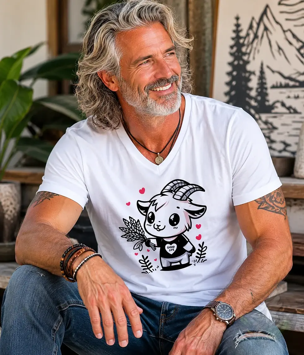 Thumbnail: Man with gray hair wearing white V-neck goat Good Life cartoon shirt in relaxed indoor lifestyle scene