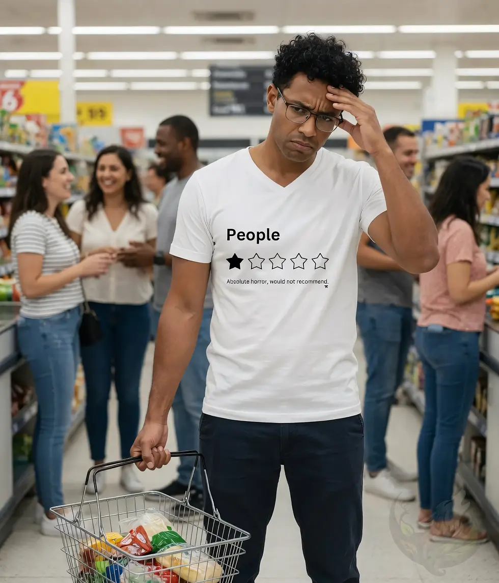 Thumbnail: Man wearing white V-neck people review shirt, looking annoyed in a busy store with funny introvert energy