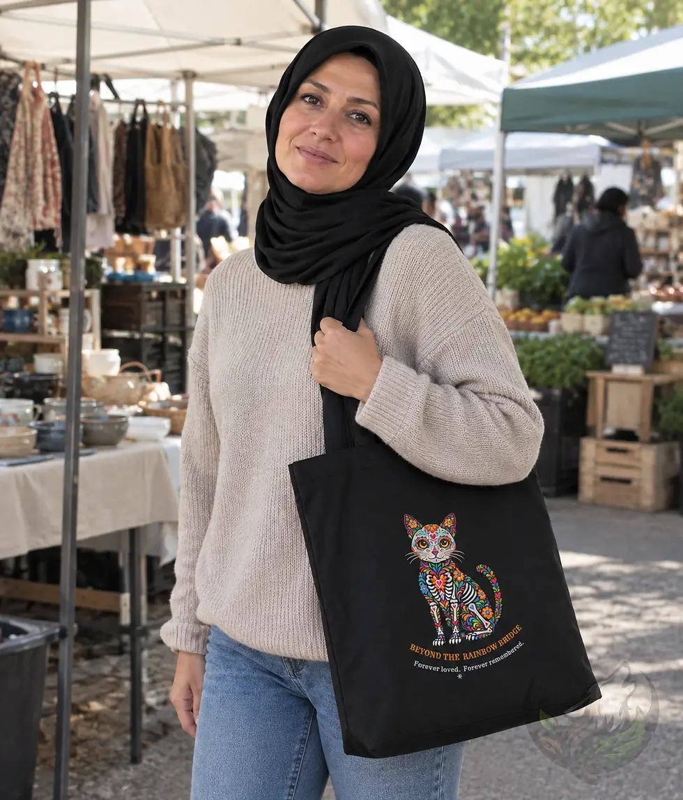 Woman wearing a black hijab carrying a black Beyond the Rainbow Cat tote bag at an outdoor market