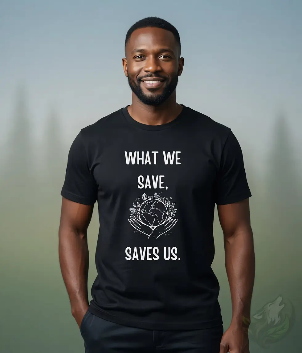Thumbnail: What We Save Saves Us black environmental graphic tee studio portrait eco friendly unisex apparel mockup
