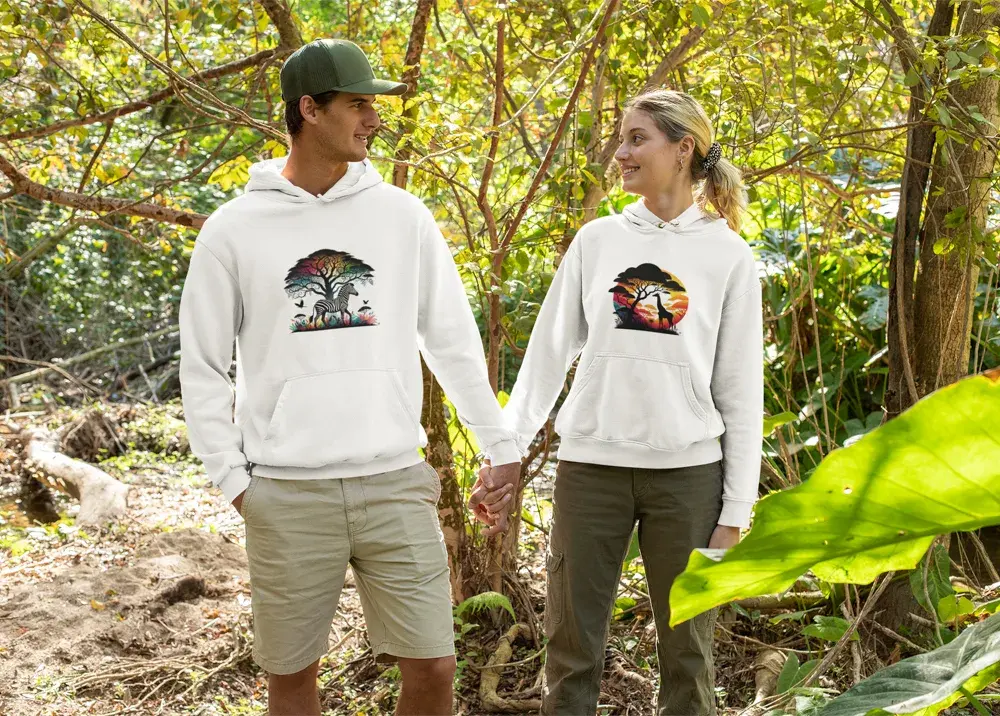 Couple smiling and holding hands in the woods while both wearing comfortable white unisex Colorful Wildlife Zebra hoodies