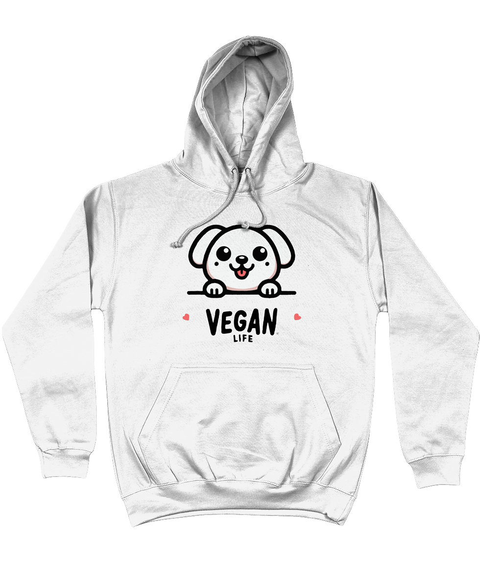 Thumbnail: Cozy white Vegan Life Dog hoodie for men with a cheerful cartoon dog illustration.