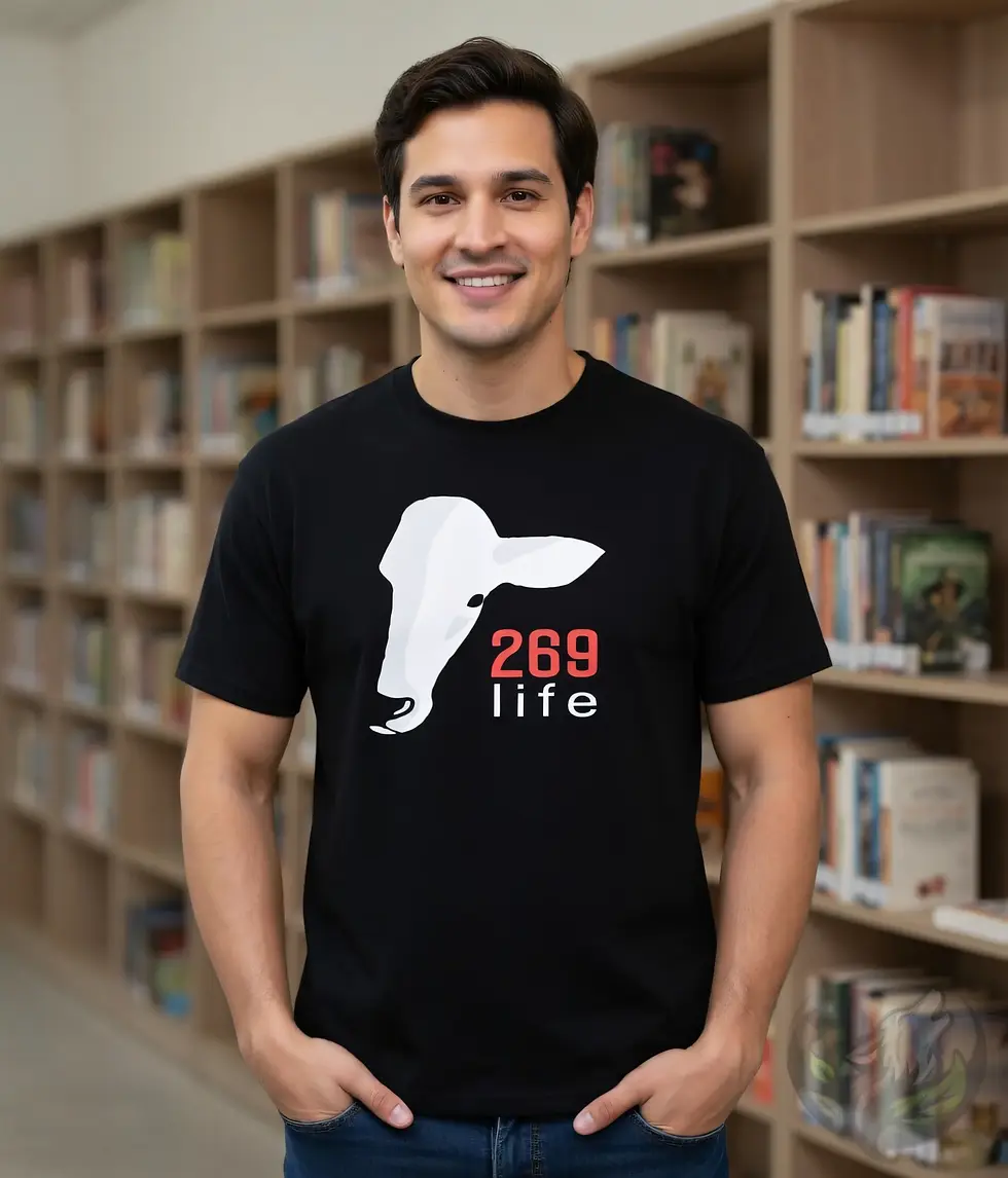 Thumbnail: Black unisex t-shirt worn by smiling man in library, white cow head "269 life" vegan design.