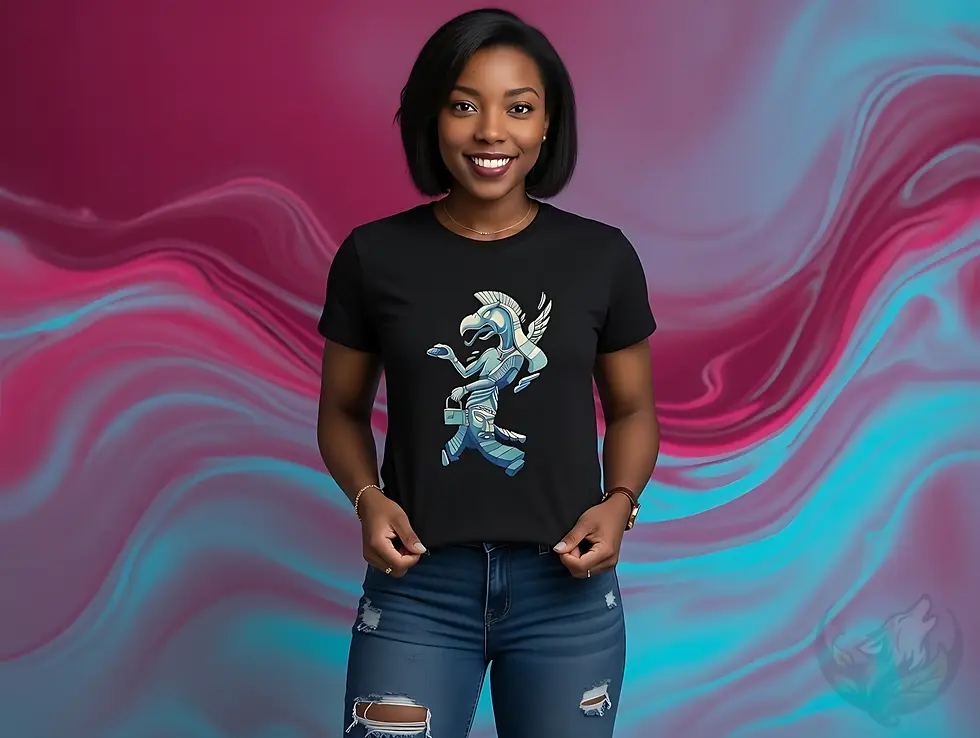 Woman wearing a black DefP Anunnaki shirt with a painted Anunnaki‑inspired warrior figure, standing infront of vibrant colors