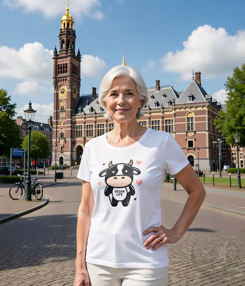 Thumbnail: White scoop neck tee with Cute Cow Vegan Life design worn outdoors on a sunny cobblestone street near a historic building.