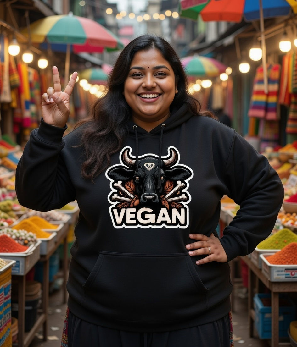 plus size vegan bull lifestyle – black hoodie with bold bull design and vegan text in a colorful market setting