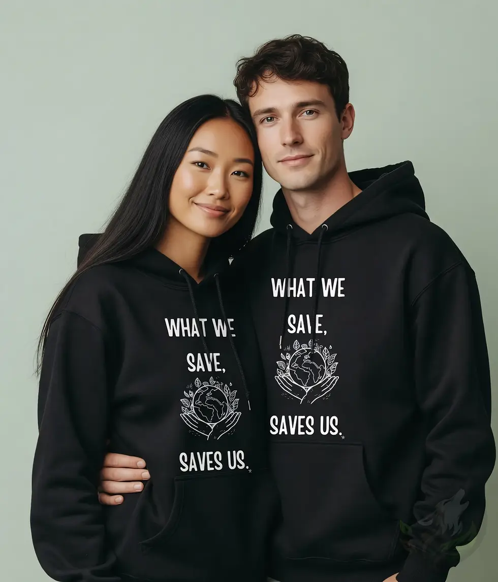 Couple wearing black What We Save Saves Us unisex hoodies in a studio portrait