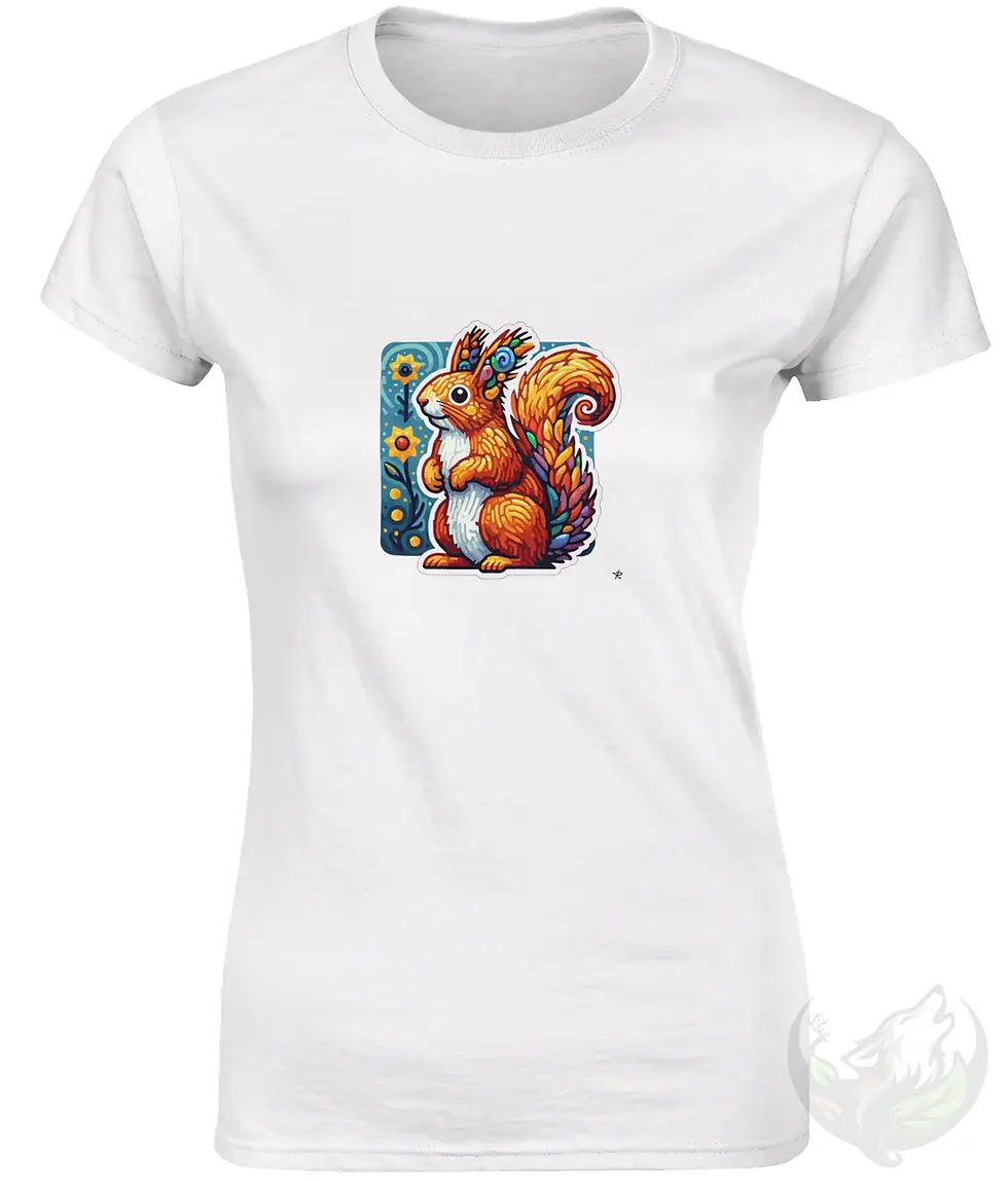 Thumbnail: White fitted t-shirt flat lay, retro pixel squirrel sitting with bushy tail in blue floral frame centered on chest