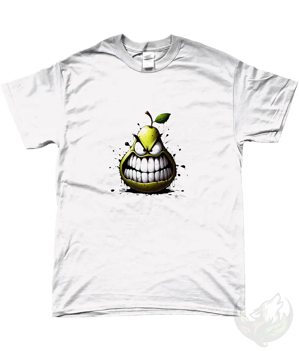 Thumbnail: White unisex graffiti angry pear shirt with bold cartoon fruit artwork and black paint splatter style