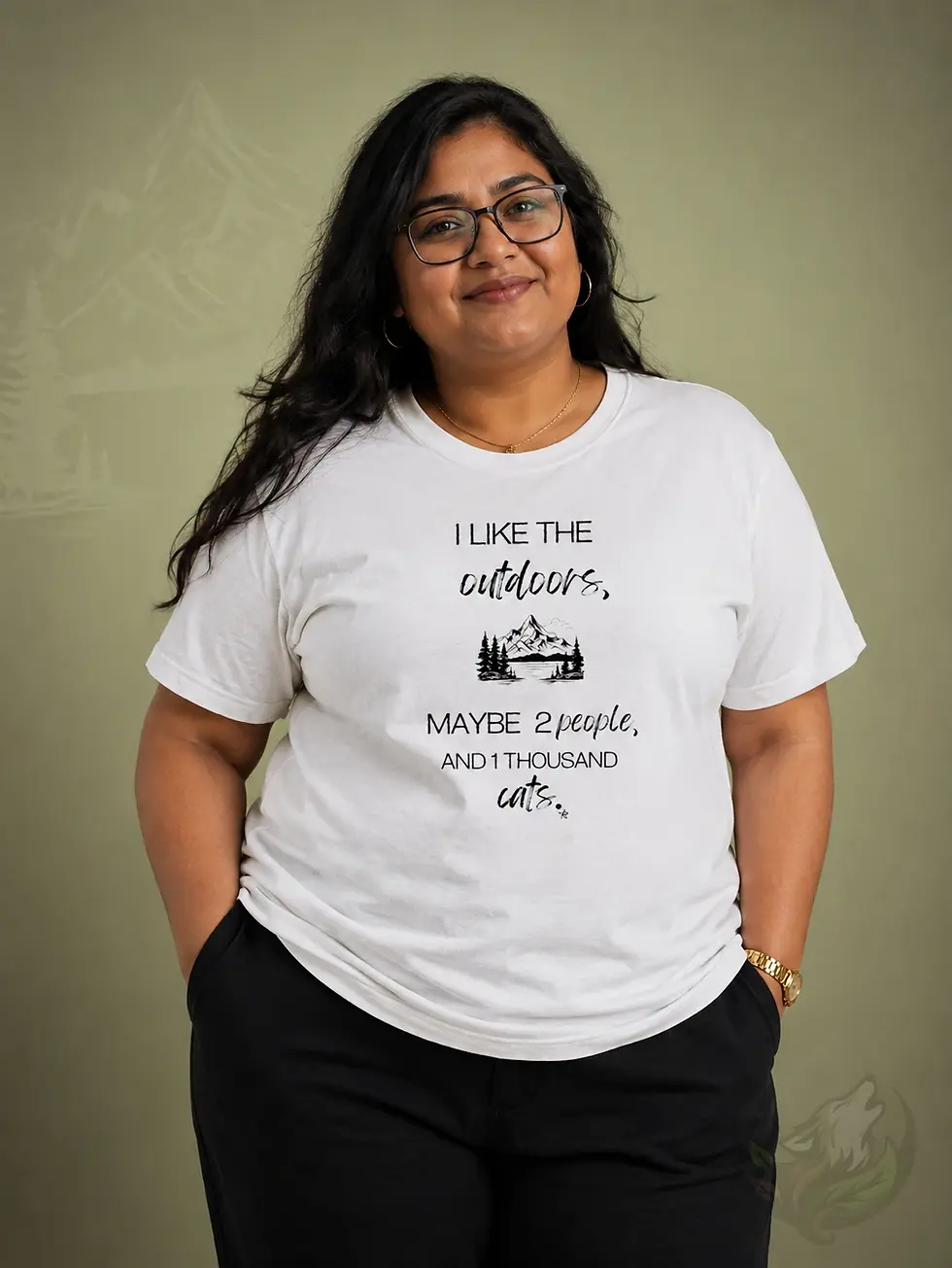 Thumbnail: Woman wearing white extended sizes shirt with mountain and 1000 cats design