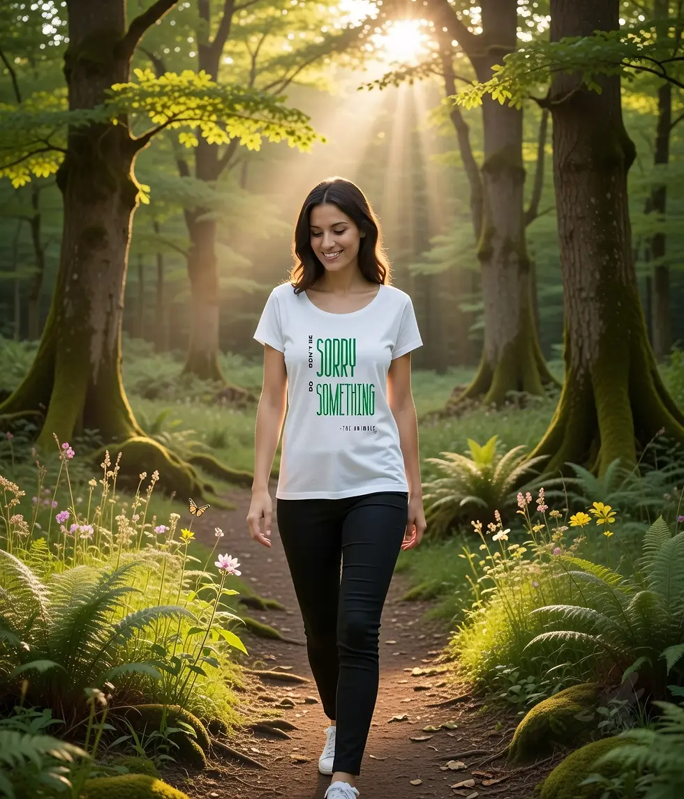 Thumbnail: White scoop‑neck tee with the Vegan Quotes “Don’t Be Sorry, Do Something” design worn on a forest path.