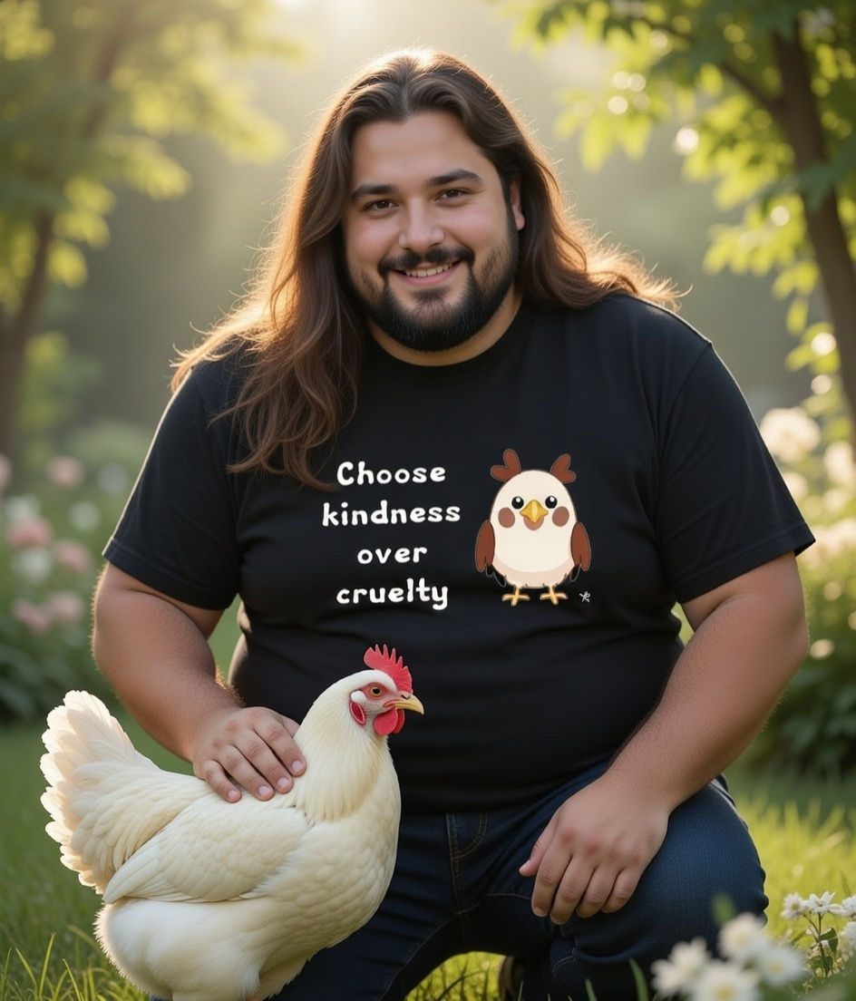 plus size vegan quotes choose kindness chicken lifestyle – man in a black shirt gently petting a chicken in a warm friendly m