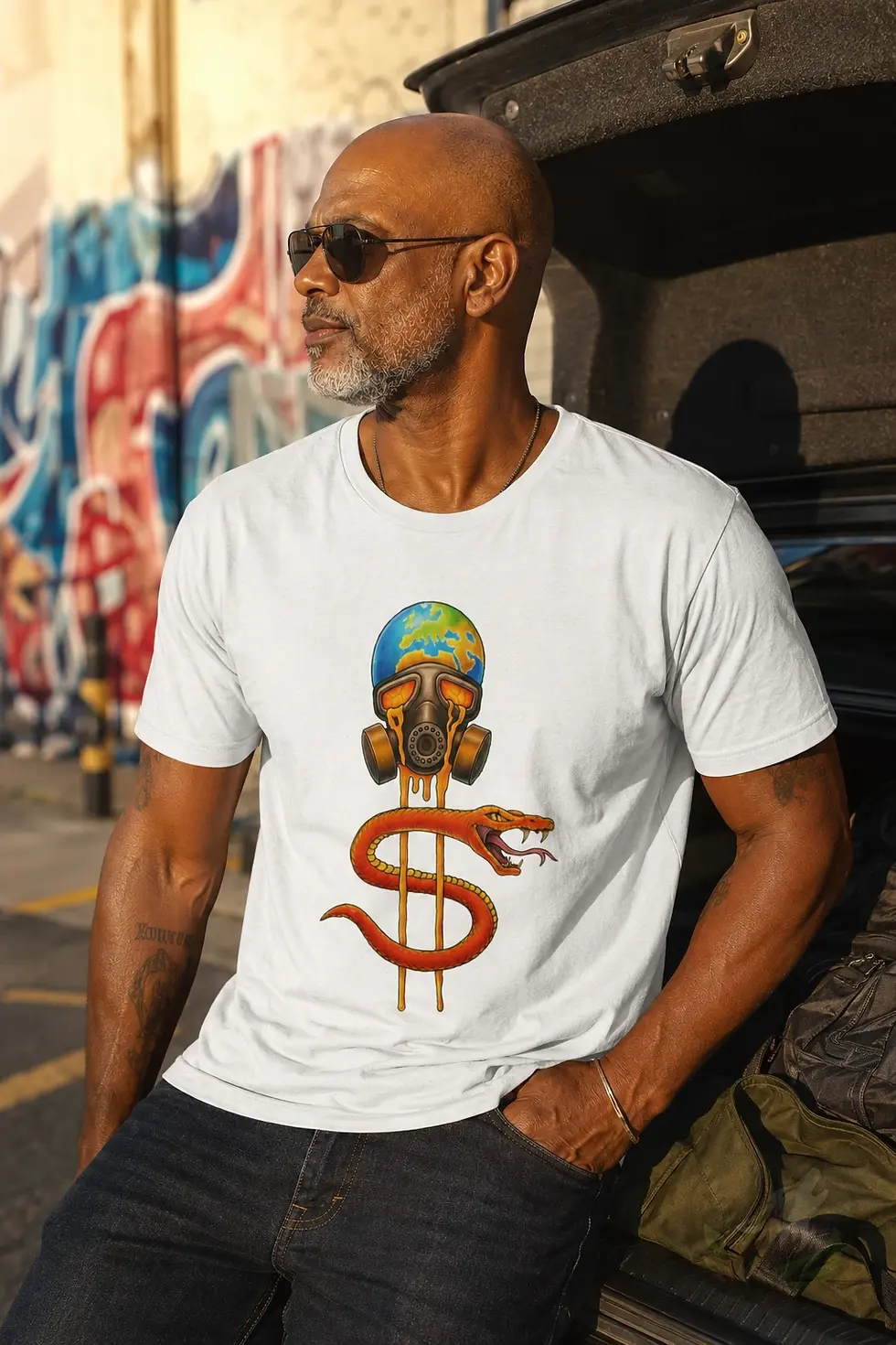 White unisex Reptilian Deception shirt worn by older man in urban scene with snake gas mask design