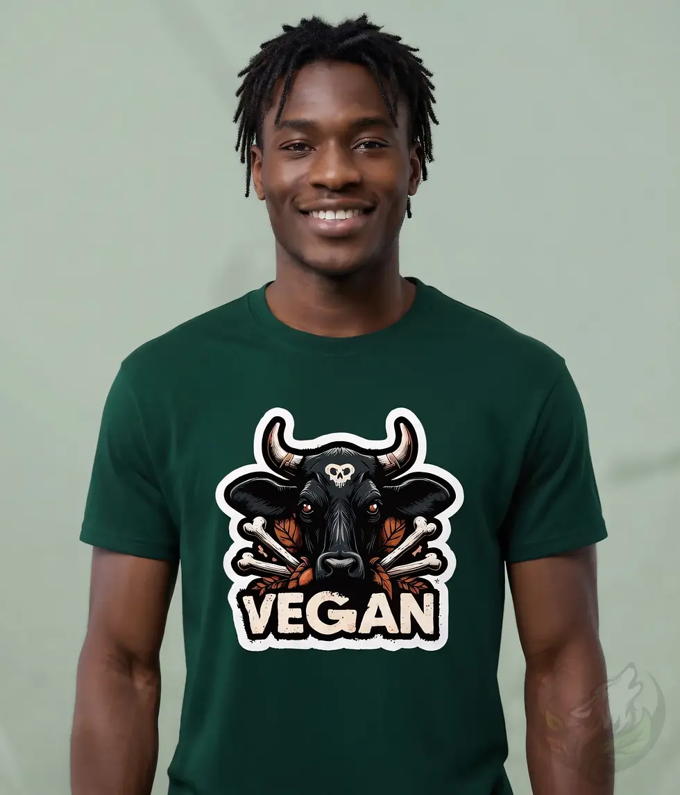 Forest green unisex t-shirt on smiling man in gallery, "Vegan" bull spooky vegan illustration.