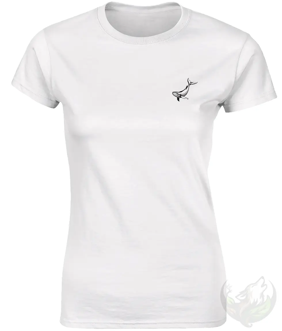 Thumbnail: White women’s fitted t-shirt featuring a small elegant whale line drawing on the left upper side.