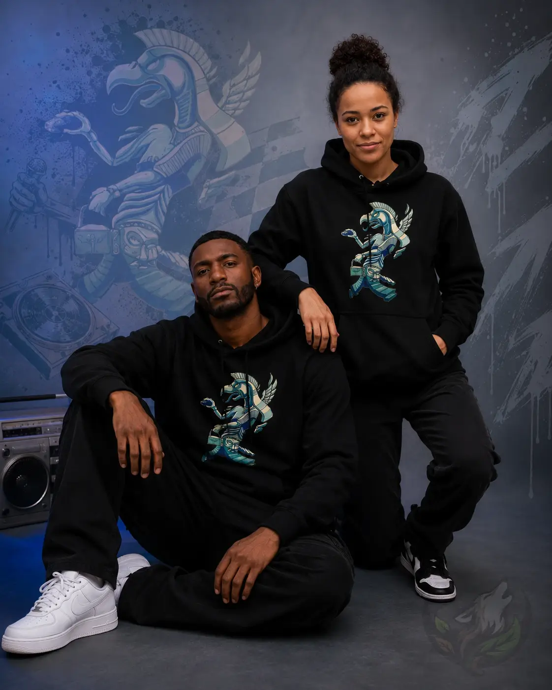 Couple wearing black Official DefP Anunnaki Unisex Hoodies featuring the Anunnaki design.