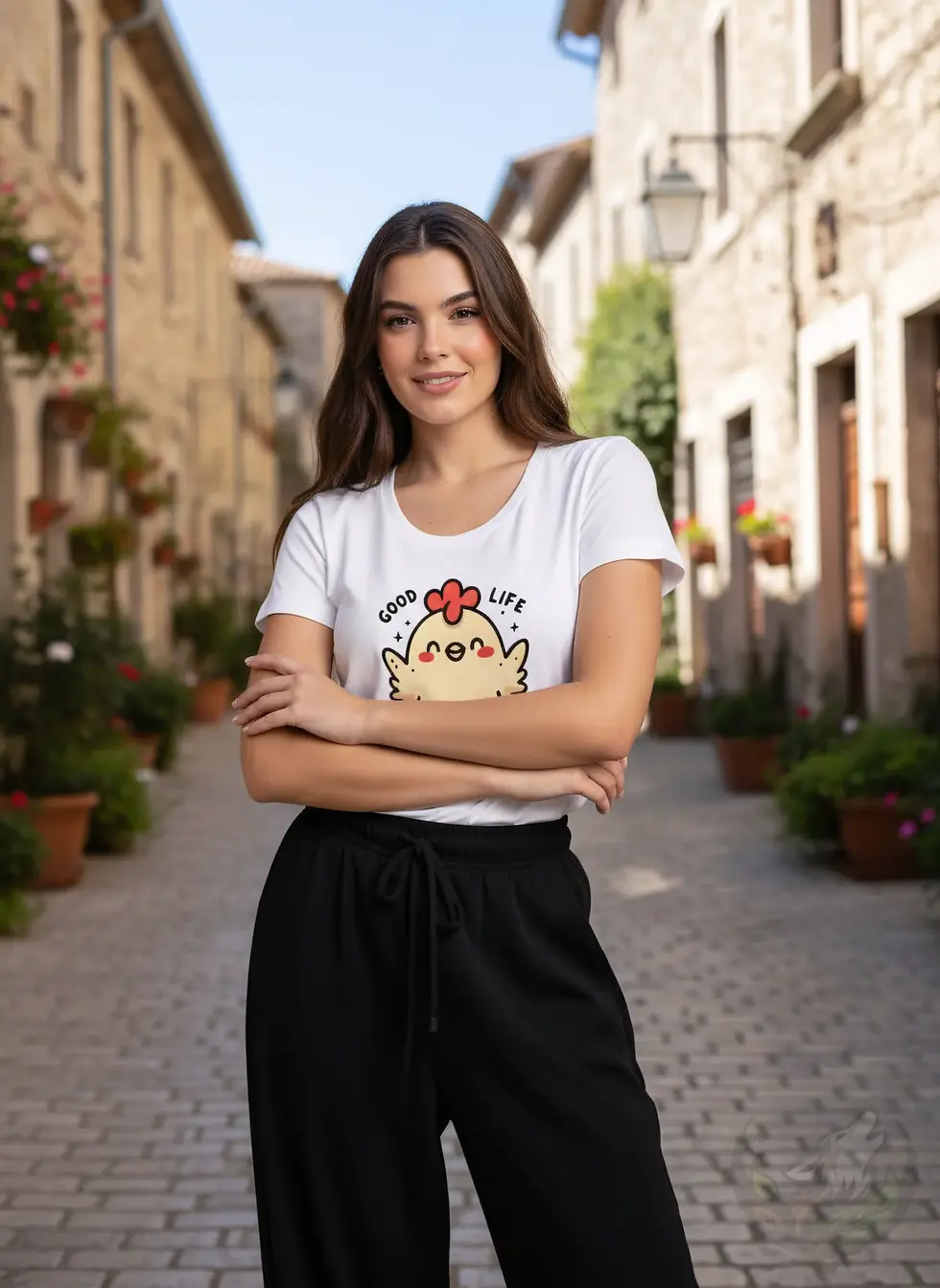 Thumbnail: White scoop neck tee with cute Good Life chicken design worn while standing in a charming stone street.