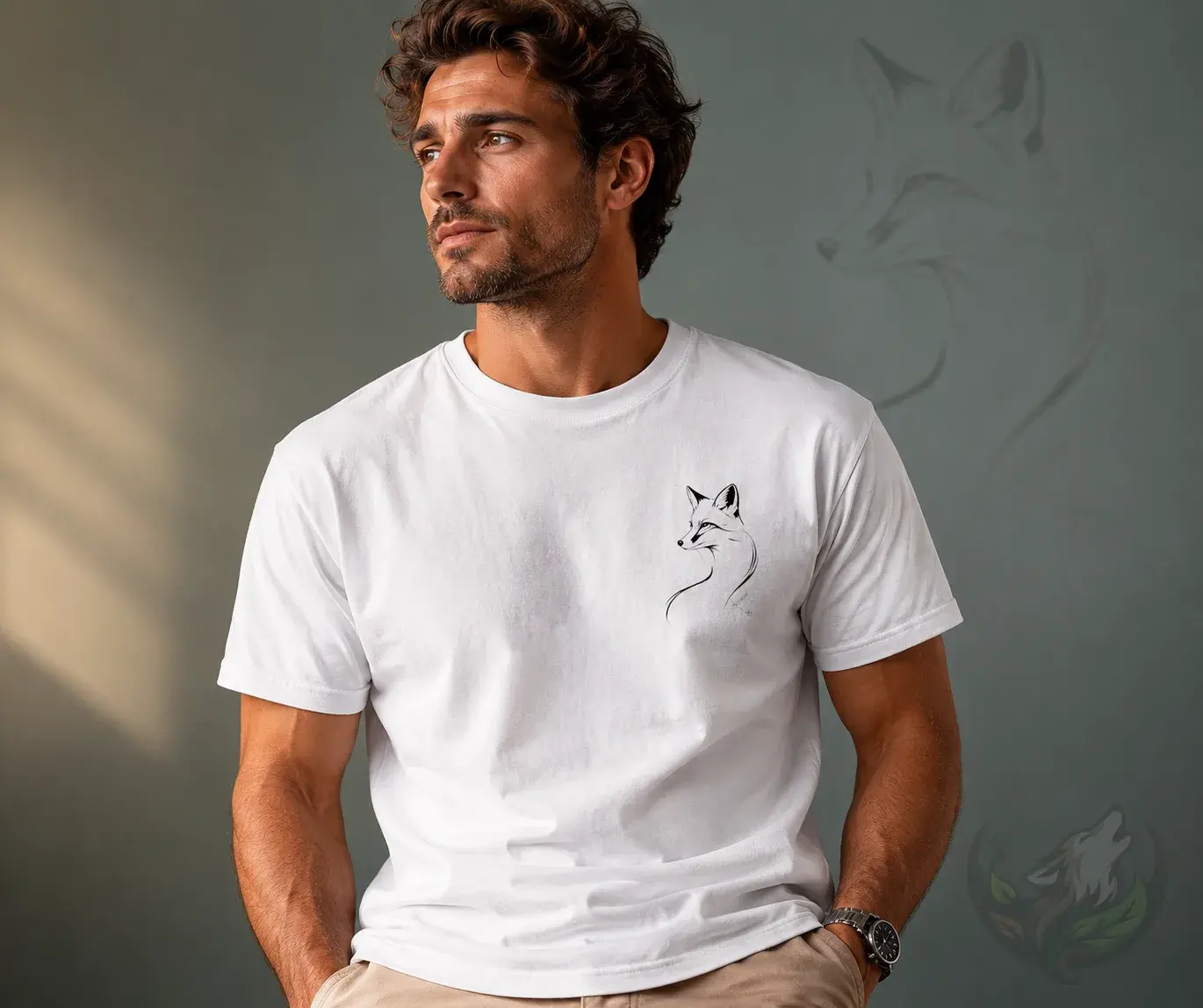 Man wearing white unisex t-shirt with minimal fox line artwork in clean studio style portrait
