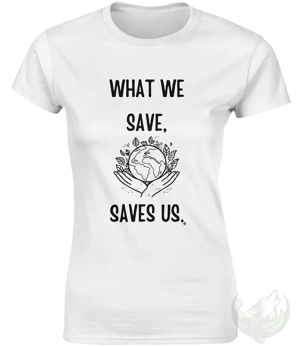 Thumbnail: Fitted white women’s environmental shirt with the “What We Save, Save Us” Earth and hands design.