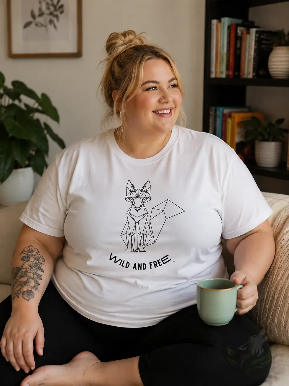 Thumbnail: Plus size woman wearing a white shirt with geometric sitting fox design and Wild and Free text