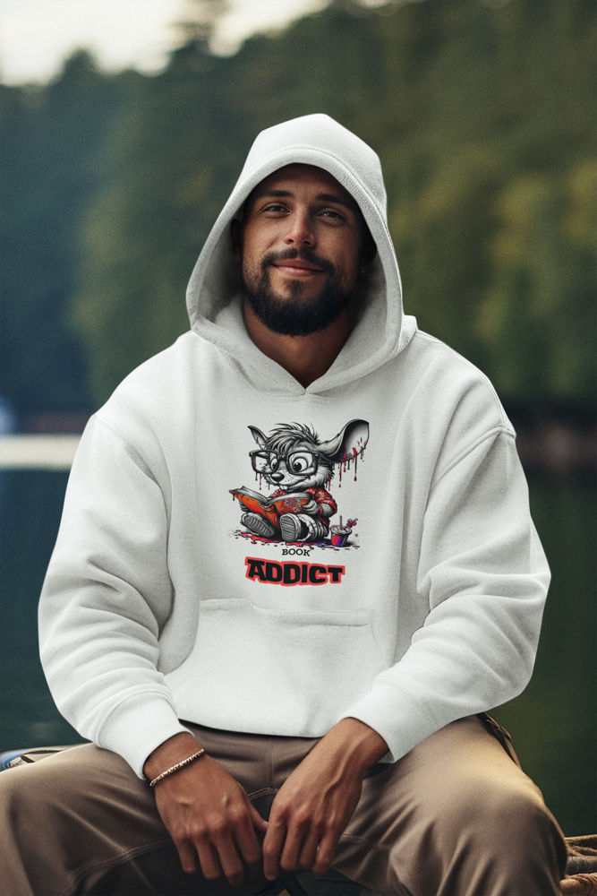 Thumbnail: Relaxed man wearing a comfy hoodie displaying the Book Addict design in a simple neutral setting.