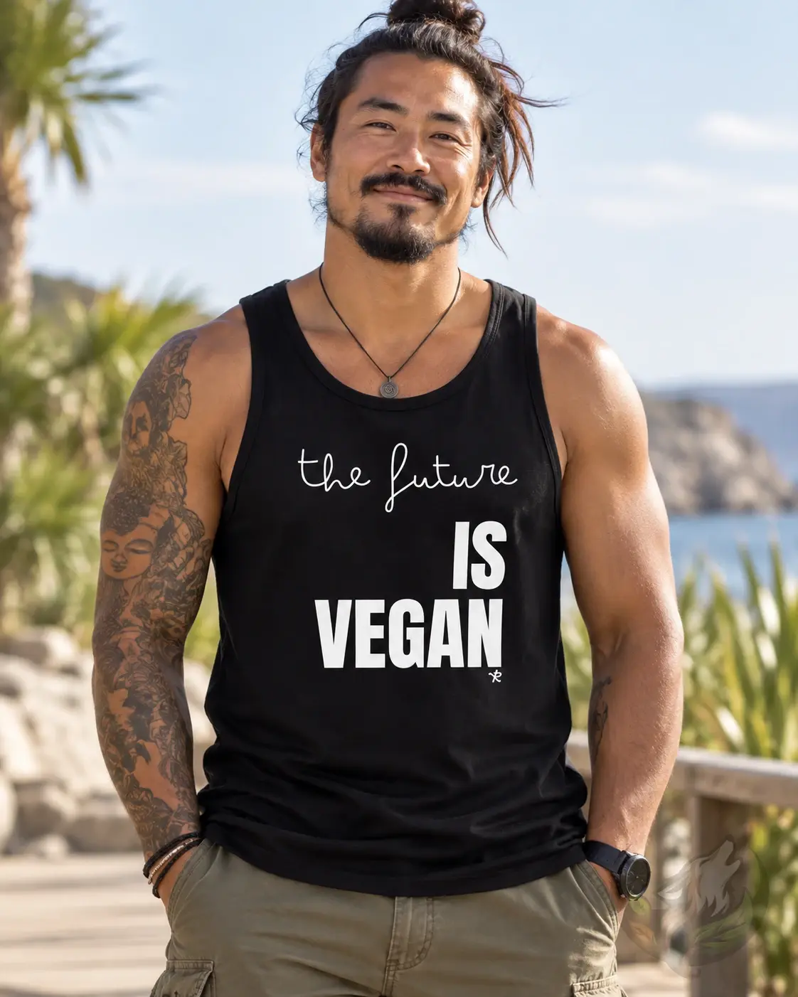 Mens black tank top with The Future Is Vegan quote worn by a man outdoors