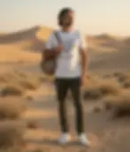 White unisex t-shirt on man in desert dunes with backpack, geometric panther "Wild and Free".