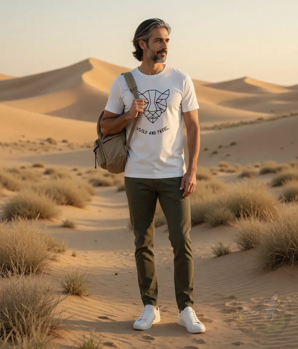 White unisex t-shirt on man in desert dunes with backpack, geometric panther "Wild and Free".