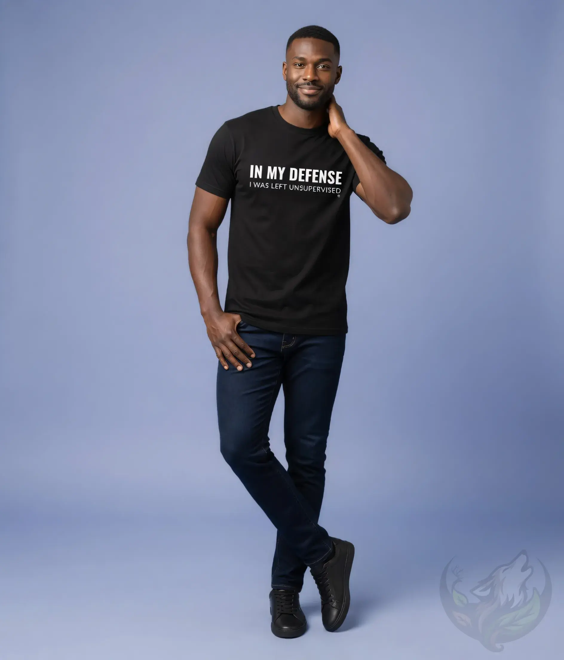 Man in black unisex shirt wearing funny unsupervised quote design in clean studio portrait