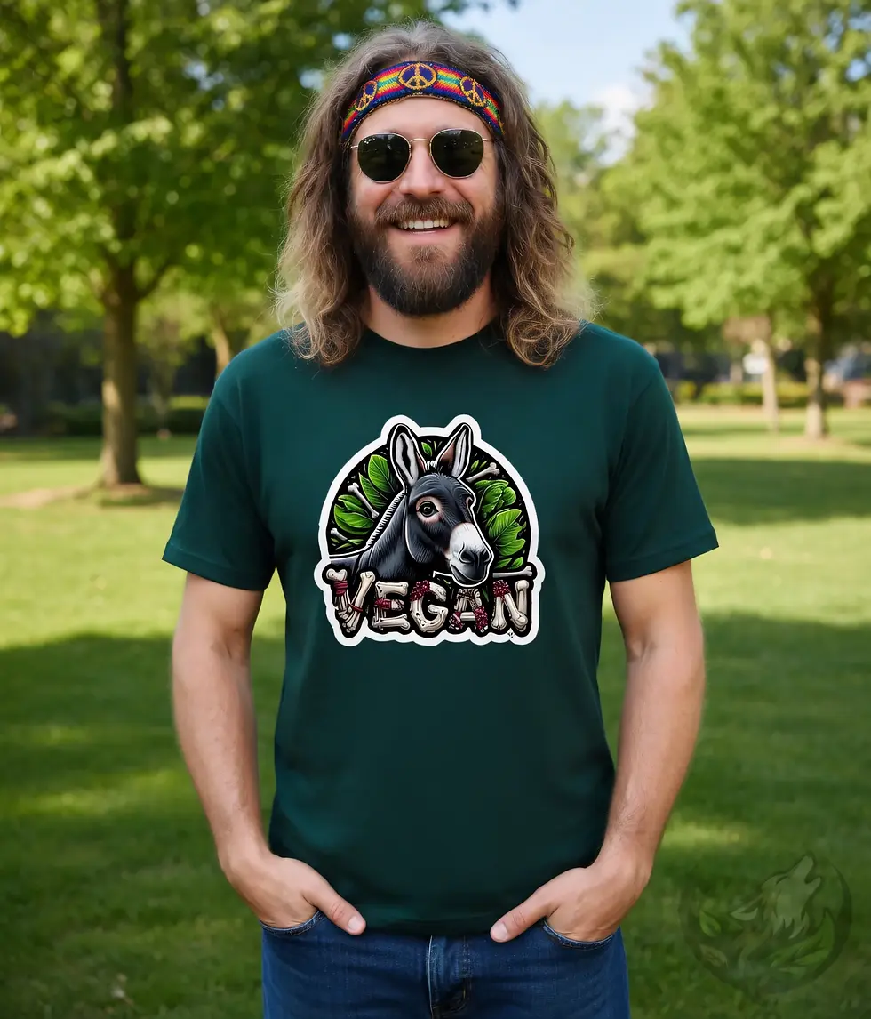 Thumbnail: Forest green unisex t-shirt on smiling man in park, "Vegan" donkey spooky vegan illustration.