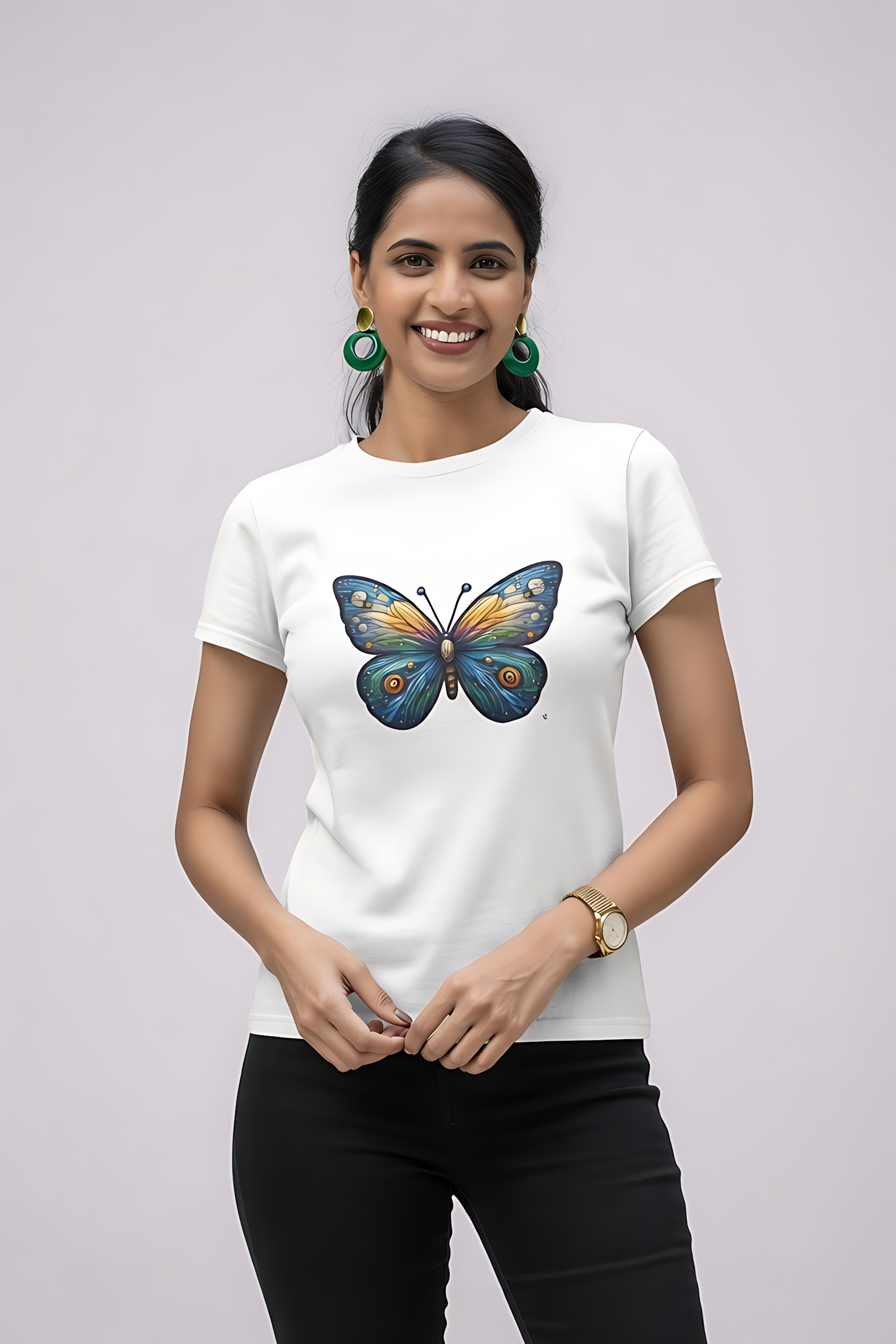 Woman wearing a white pixels butterfly shirt with a pixel‑art butterfly graphic.