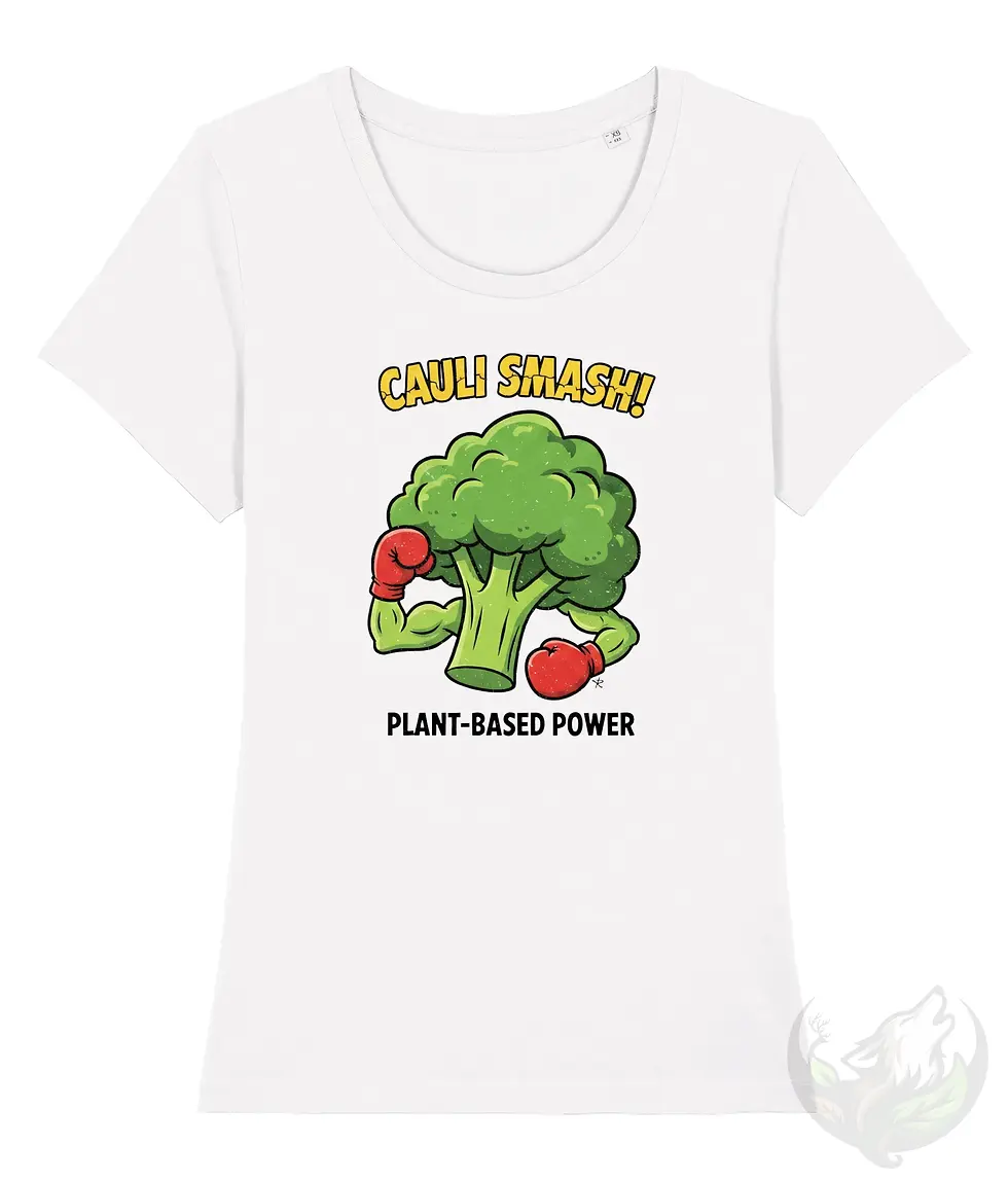 Thumbnail: White scoop neck tee with Cauli Smash vegan cartoon design displayed against a clean light background.