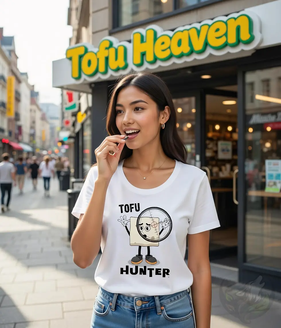 Thumbnail: White scoop‑neck tee with the Vegan Quotes “Tofu Hunter” design worn outside a tofu shop on a busy street.