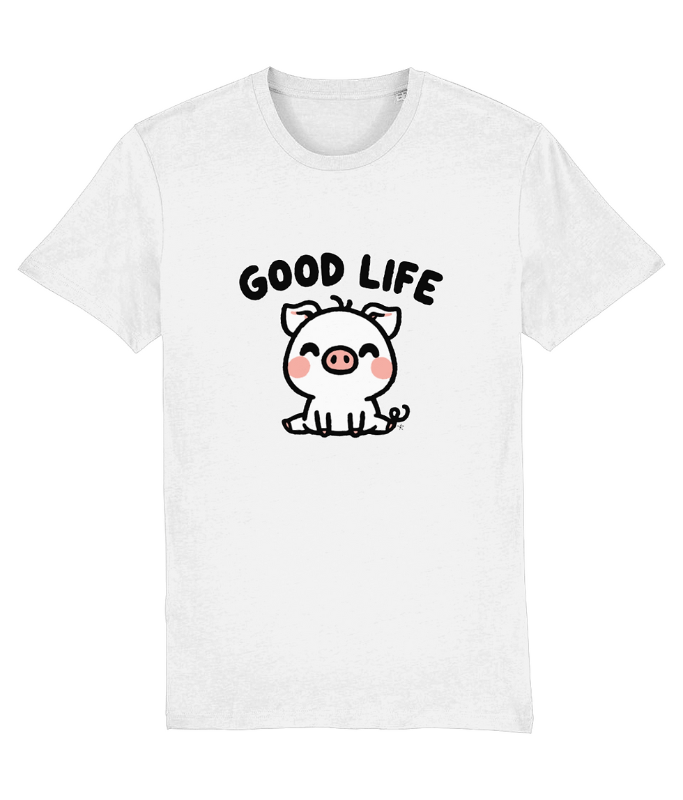 Thumbnail: White plus size Creator Good Life Pig shirt showcasing a detailed, high‑quality cartoon pig illustration with a fun, upliftin