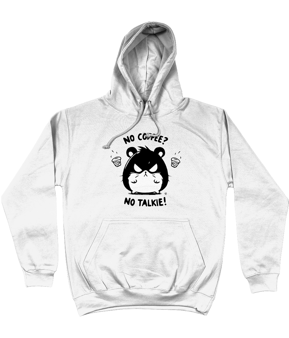 Thumbnail: plus size no coffee no talkie hoodie white – warm white hoodie with funny bear and bold coffee quote