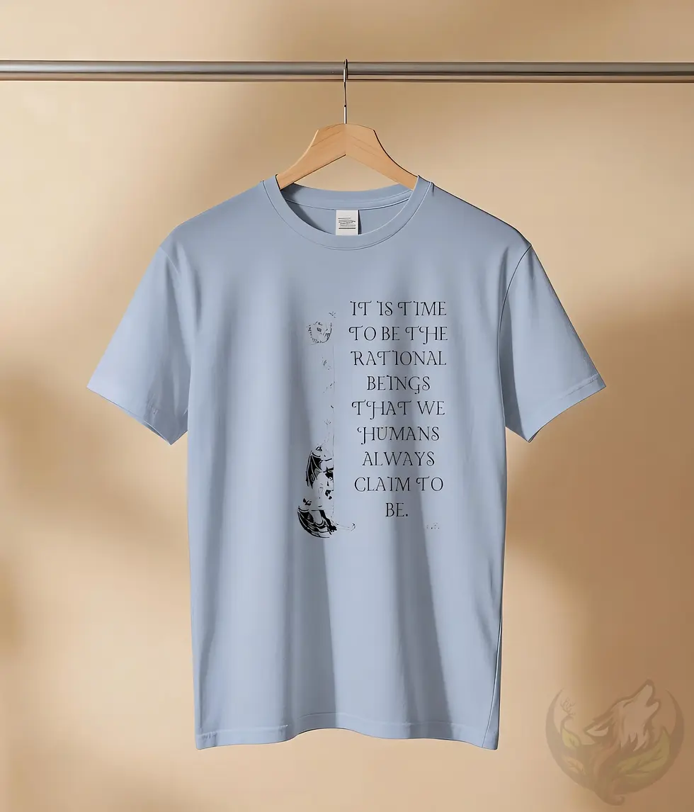 Thumbnail: Light blue shirt on a hanger with the quote “It is time to be the rational beings…” and a vertical illustration.