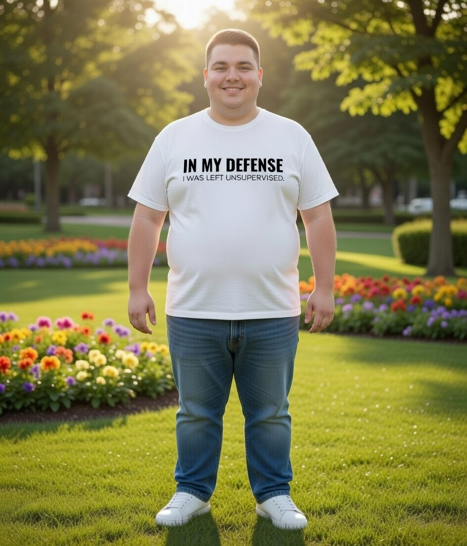 plus size in my defense lifestyle – white shirt with bold funny text worn outdoors in a bright park with flowers