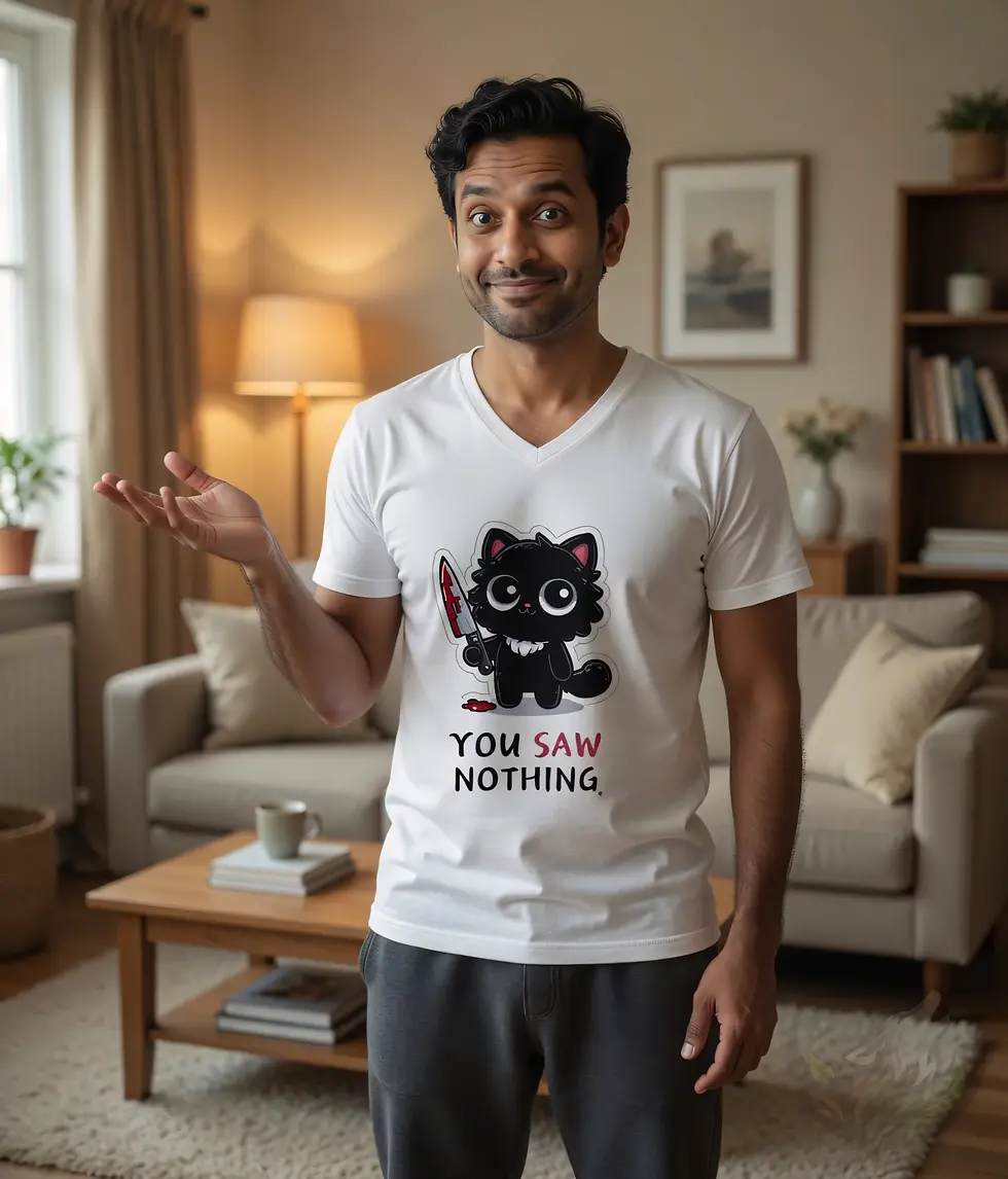 Thumbnail: Man wearing white V-neck “You Saw Nothing” black cat shirt in humorous lifestyle scene