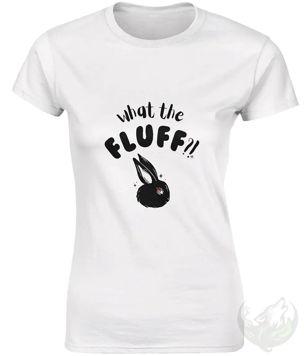 Thumbnail: White fitted t-shirt with funny "What the Fluff?!" text and cute black rabbit graphic design.