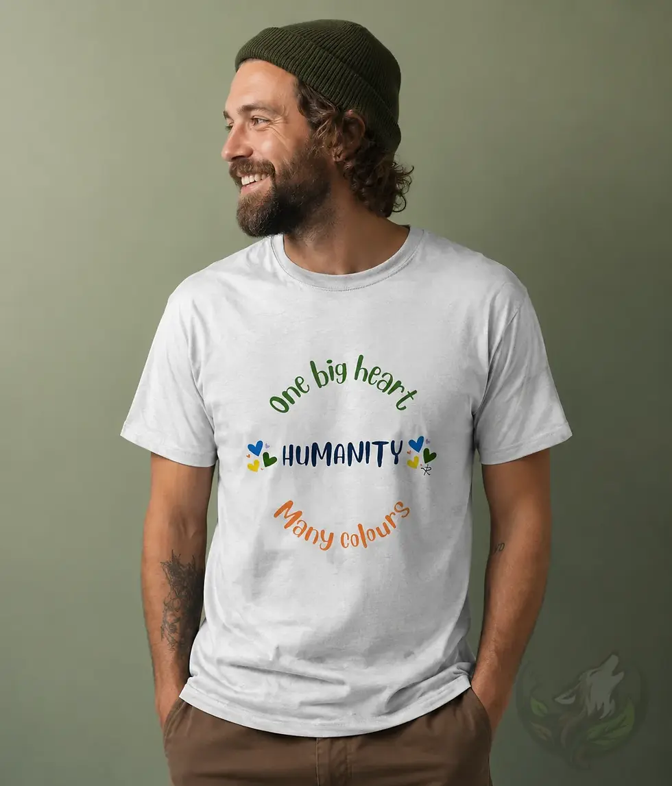 Smiling male model wearing white unisex One Big Heart Humanity Many Colours shirt in studio portrait