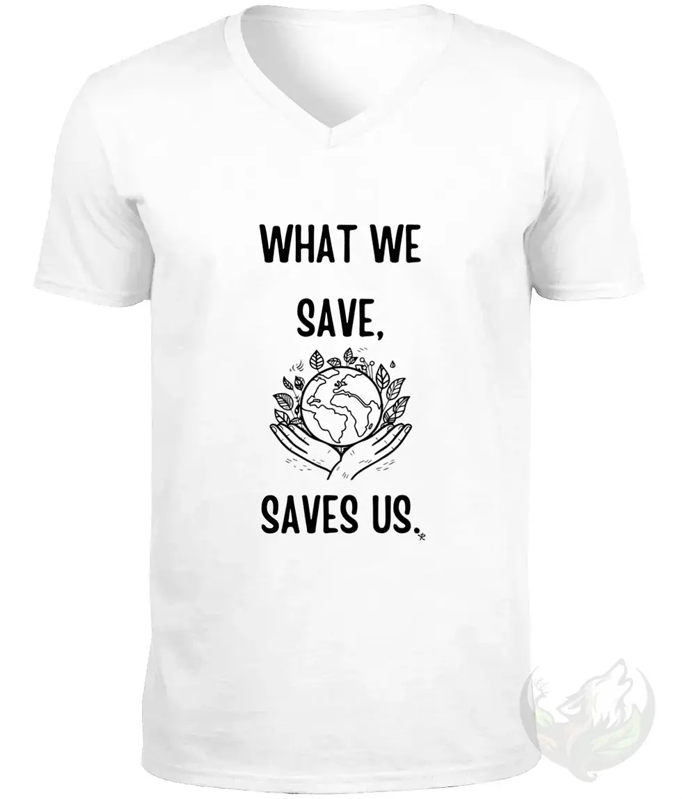 Thumbnail: White v neck t shirt flat lay isolated mockup with What We Save Saves Us earth hands environmental graphic centered on shirt