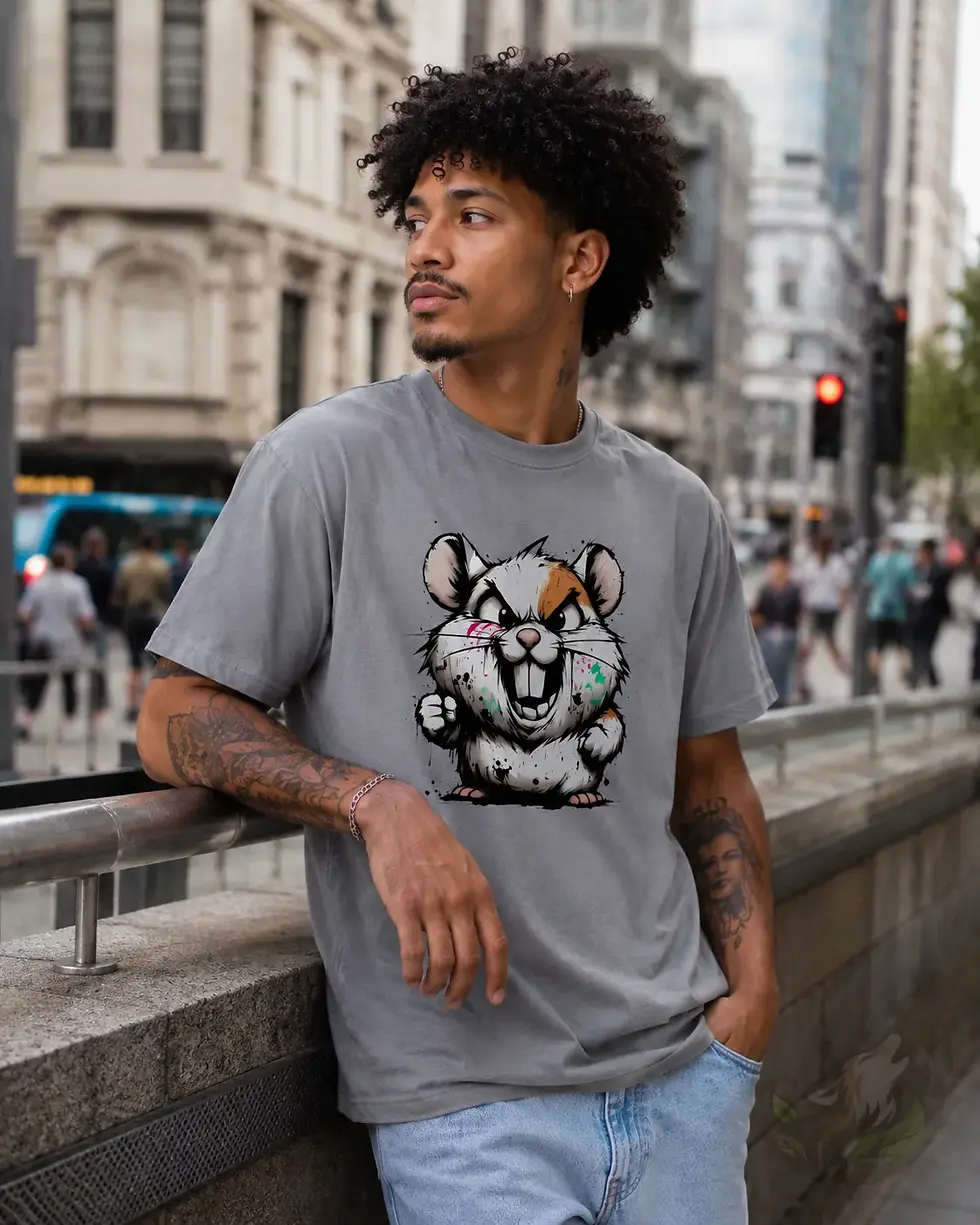 Sports grey unisex graffiti hamster shirt in city scene with bold cartoon hamster graffiti artwork