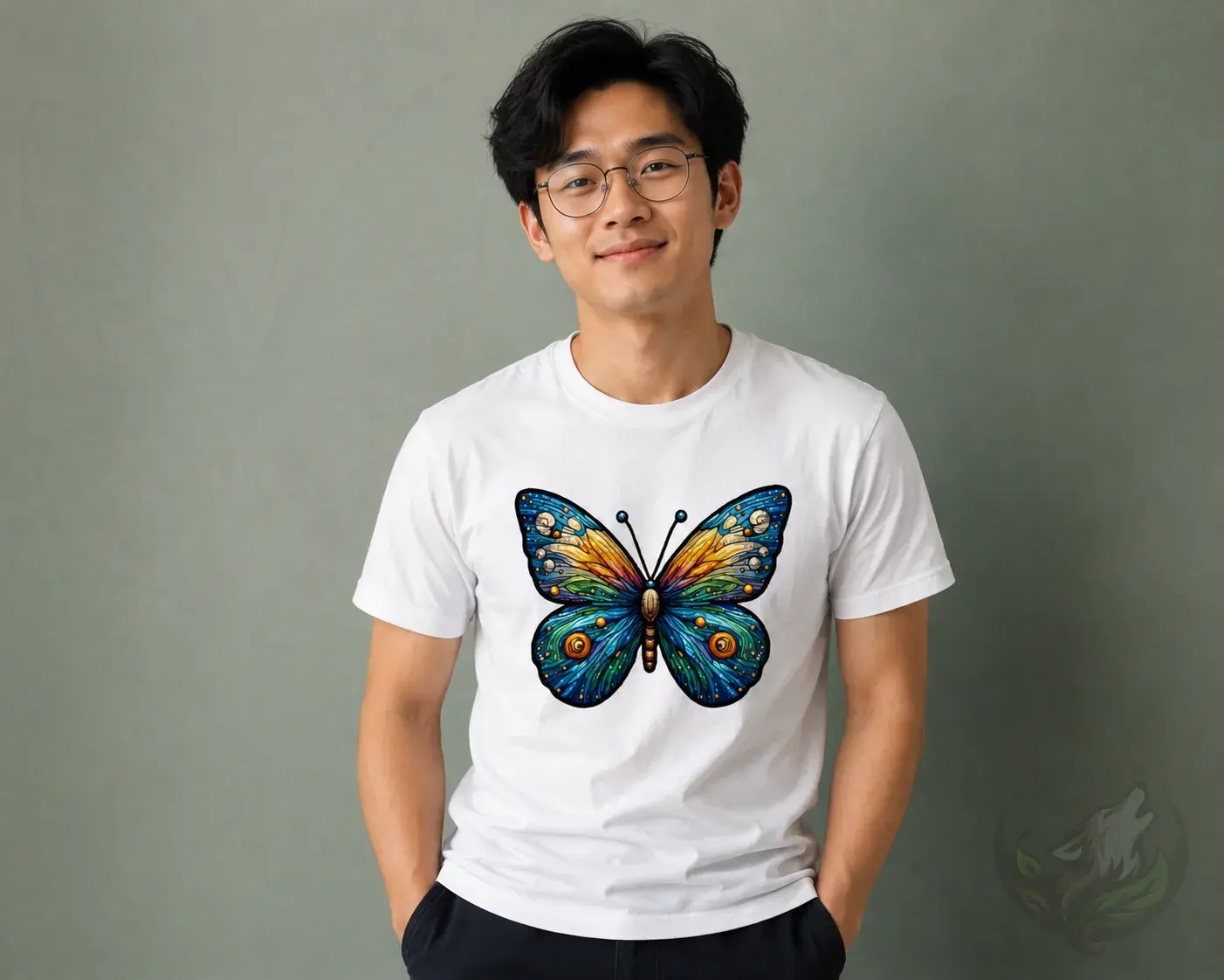 Male model wearing white unisex shirt with colorful pixel butterfly design in clean studio setting