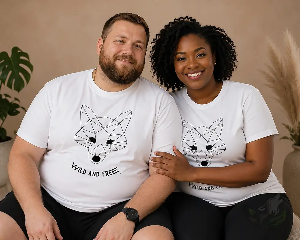 Plus size couple wearing matching white shirts with geometric fox Wild and Free designs