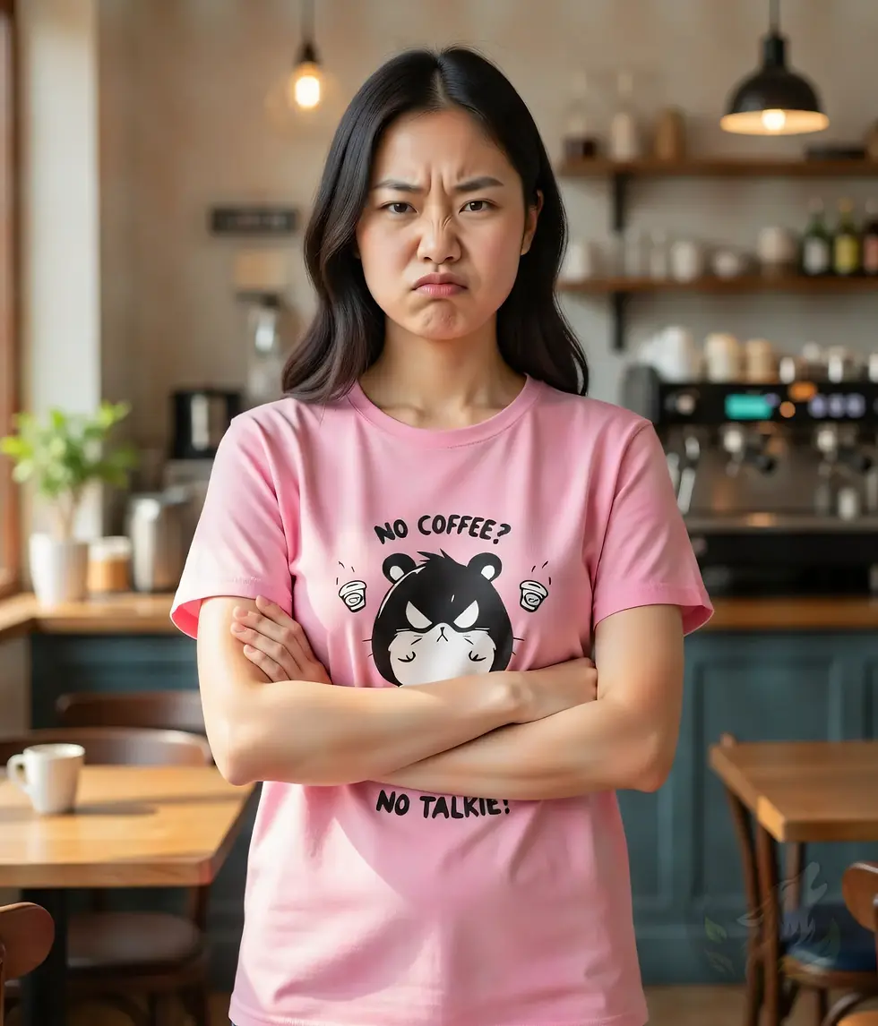 Thumbnail: Woman with arms crossed and annoyed face in azalea pink fitted t-shirt featuring angry hamster and "NO COFFEE? NO TALKIE!" te