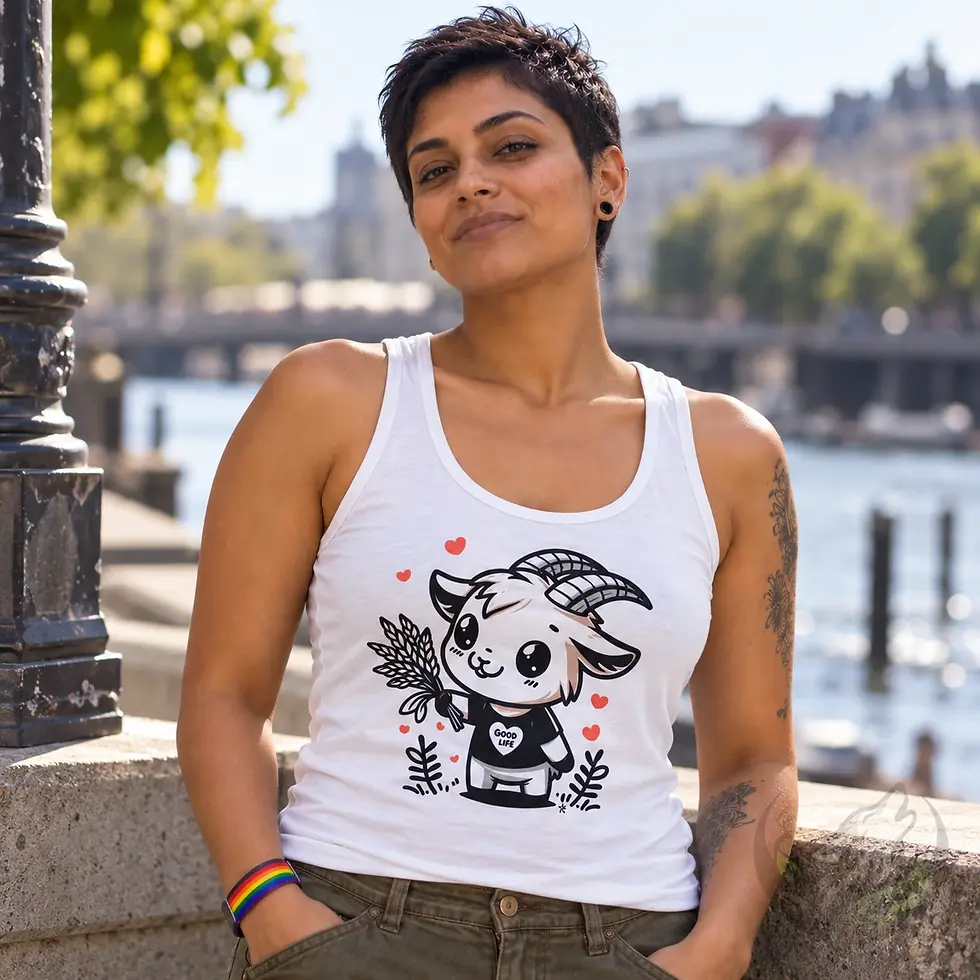 Woman wearing a white Good Life cartoon goat tank top by the riverside