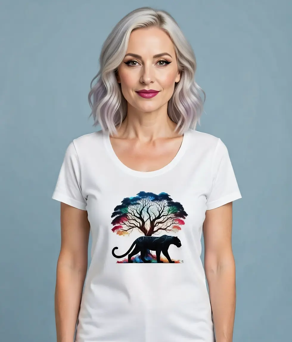 Thumbnail: Woman in a white scoop neck tee showcasing the colorful panther design in a well-lit studio setup.